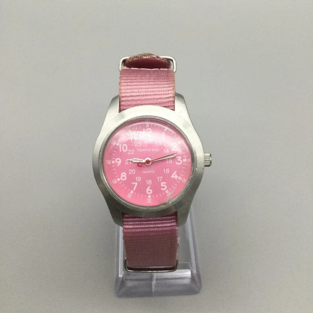 TOKYObay Womens Watch 32mm Pink Dial Nylon CRACKED CRYSTAL New Battery